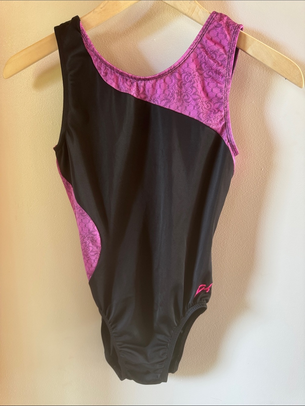 Girl’s Black & Magenta Lace-Accent Swim One-Piece